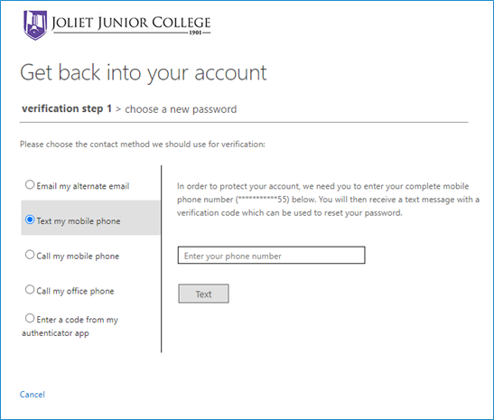 If you choose verify by phone enter your phone number and select text button