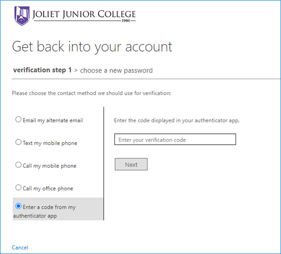 If you choose to verify by the authenticator app, enter the code and select next