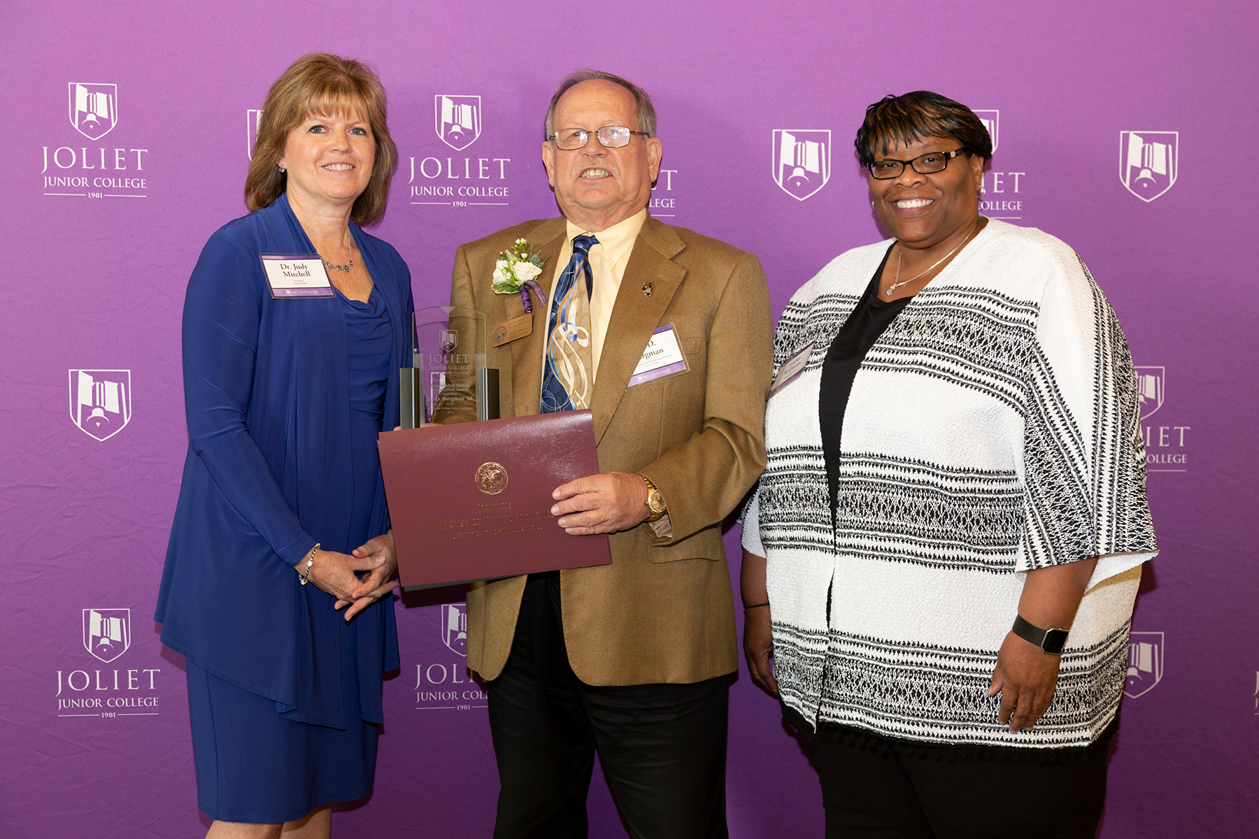 From left: JJC President Dr. Judy Mitchell, Jay Bergman (Distinguished Alumni Achievement Award recipient), Alumni Board President Ericka Williams.