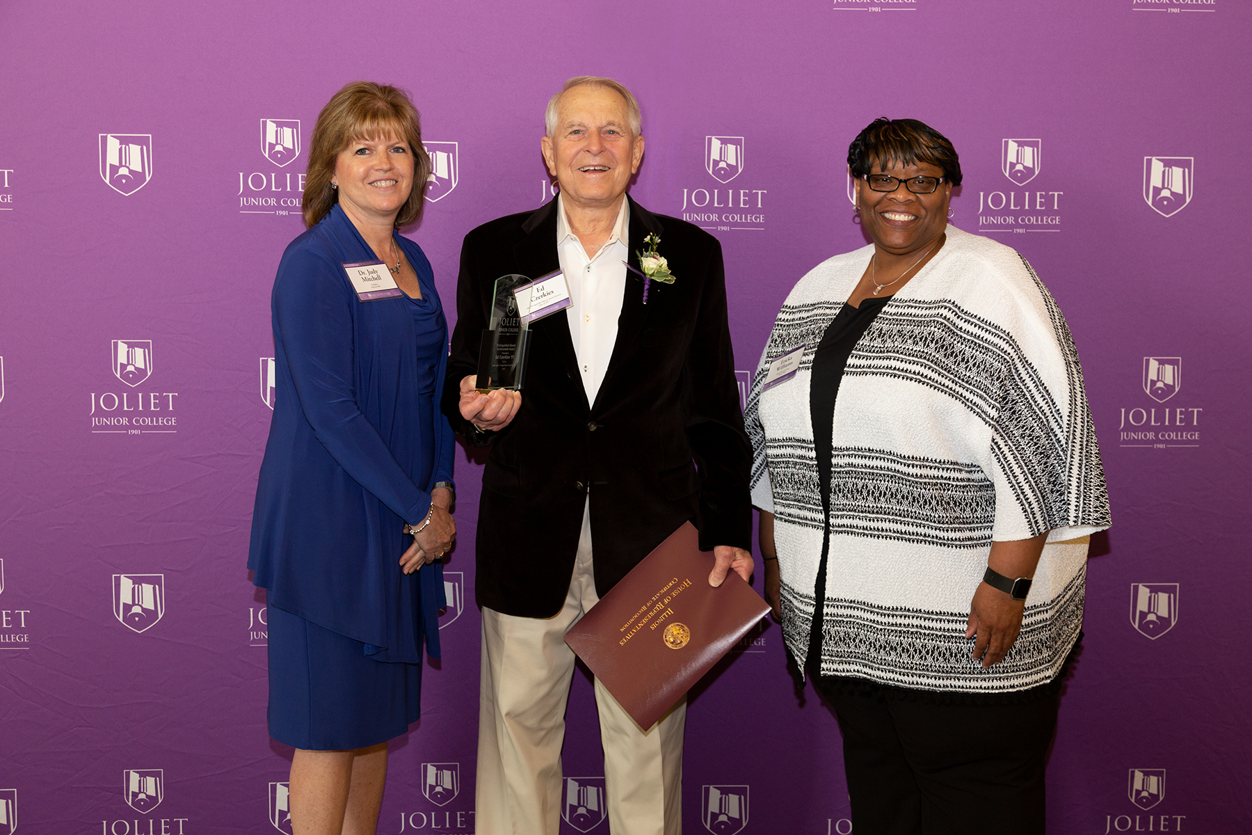 From left: JJC President Dr. Judy Mitchell, Ed Czerkies(Distinguished Alumni Achievement Award recipient), Alumni Board President Ericka Williams.
